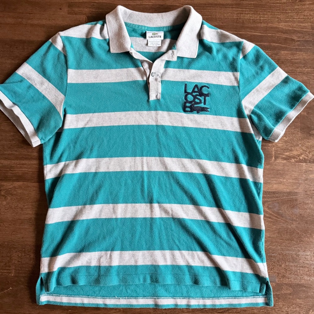 Lacoste Mens Teal Grey Striped Big Logo Pique Polo Shirt Size 5 Large Rare - Picture 1 of 6